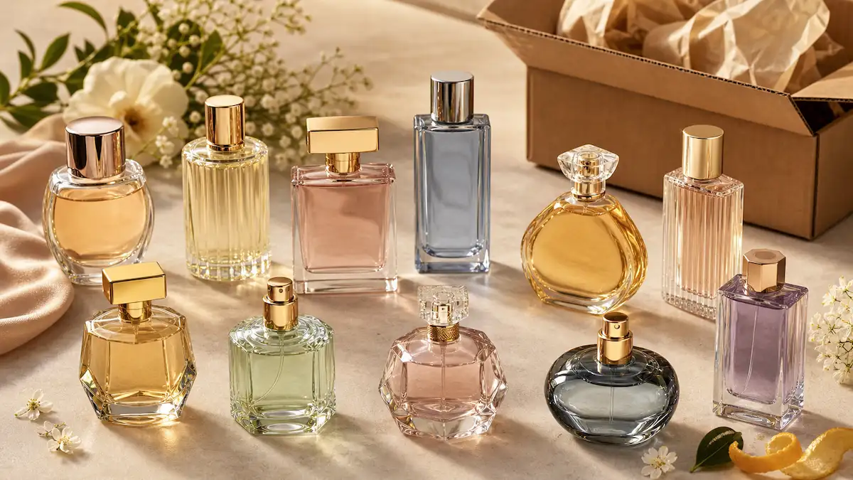 Coleção de dez frascos de perfumes importados ao lado de uma caixa preparada para envio internacional
